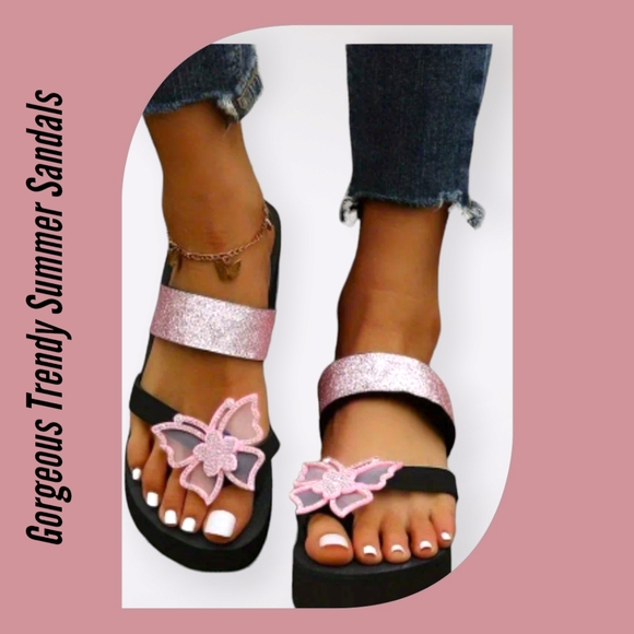 NEW!! Women's Trendy Fashion Pink Butterfly Rhinestone Wedge Sandals!! Gorgeous! - Picture 4 of 12